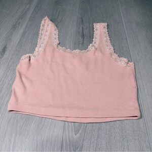 Aeropostale Pink Ribbed Lace Trim Crop Top Cami Tank Tiny Top Coquette Sz S